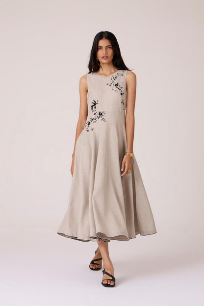Helios Beige Embroidered Dress