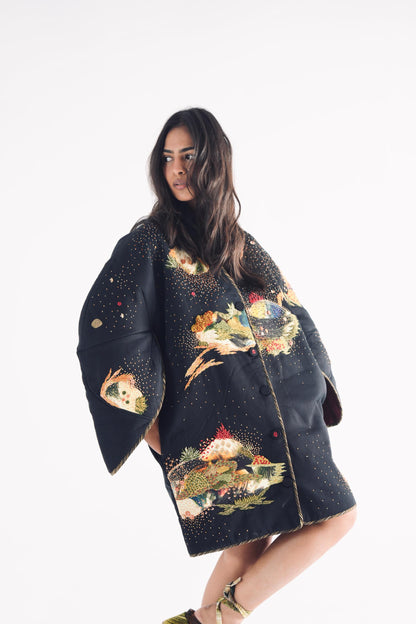 Soot Black Puffer Embroidered Jacket