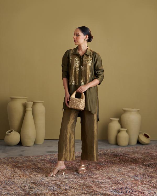 Olive Green Silk Chanderi Set