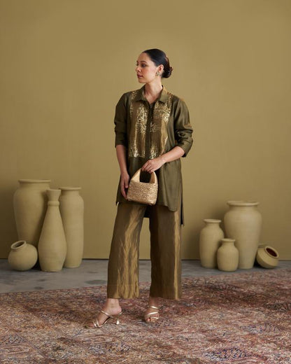 Olive Green Silk Chanderi Set