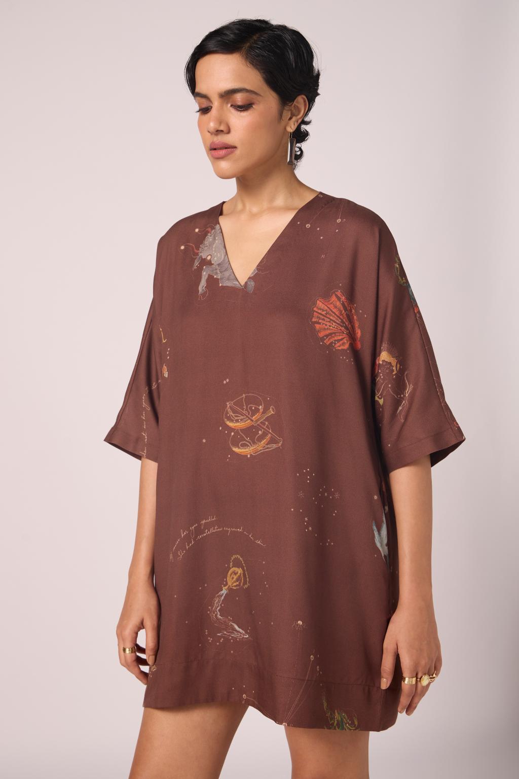Stad Brown Zodiac Print Shift Dress