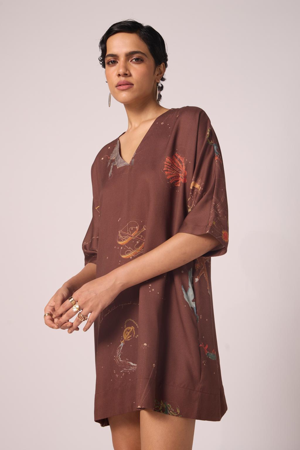Stad Brown Zodiac Print Shift Dress