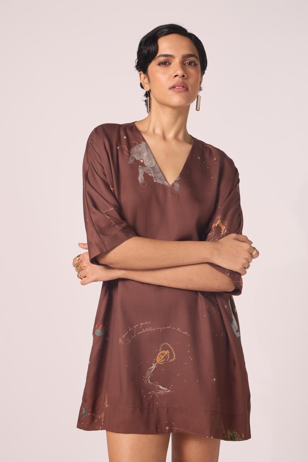 Stad Brown Zodiac Print Shift Dress