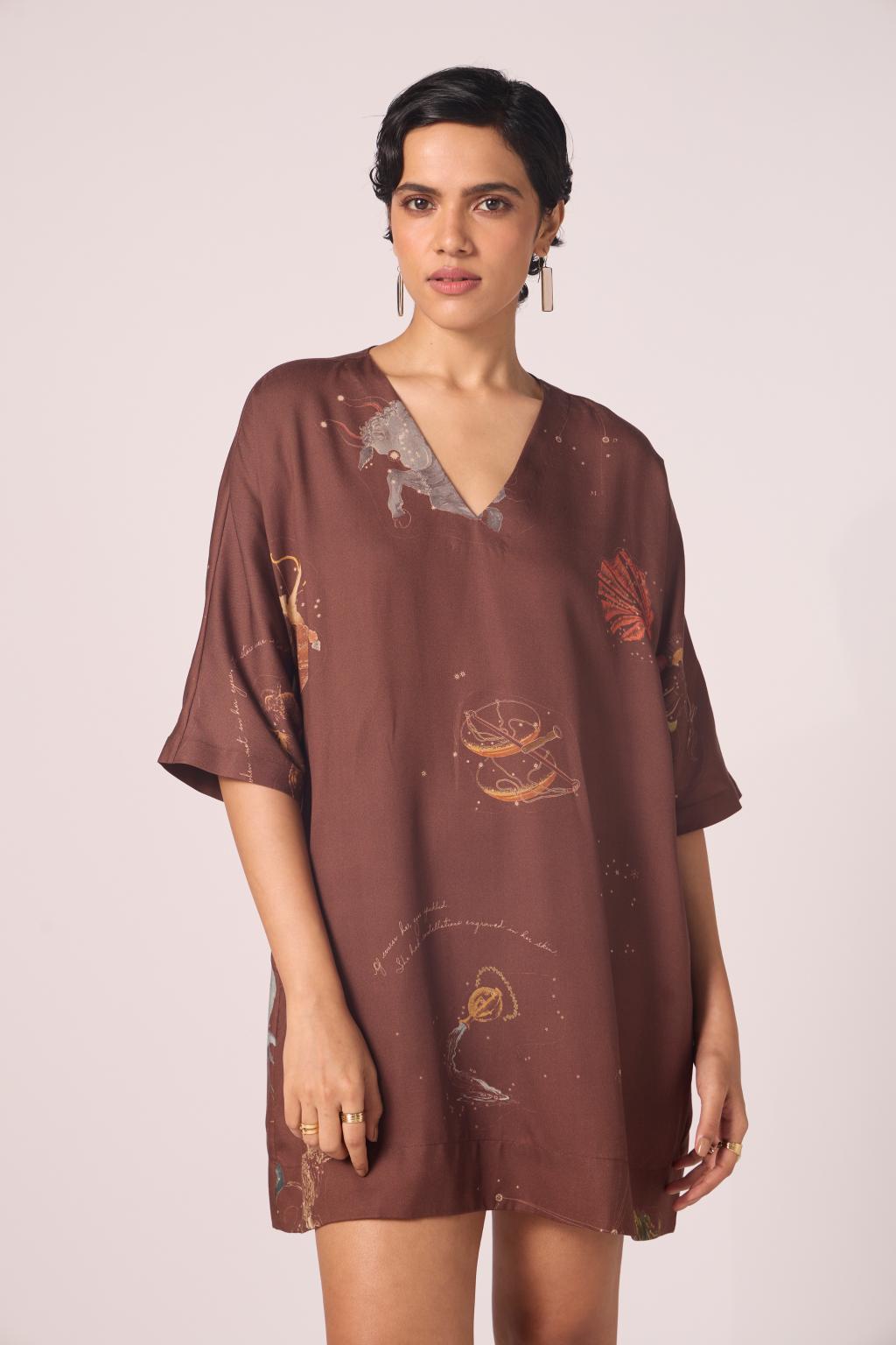 Stad Brown Zodiac Print Shift Dress