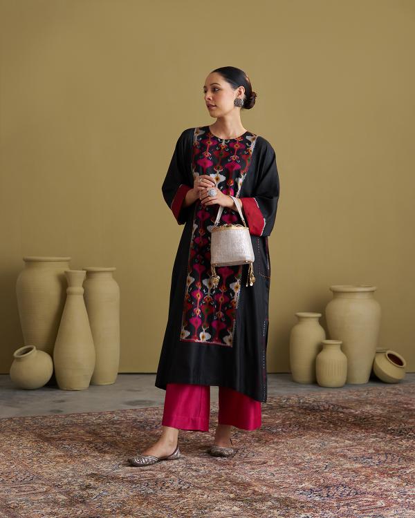 The Black Jewel Silk Cotton & Silk Ikat Kurta & Pants Set