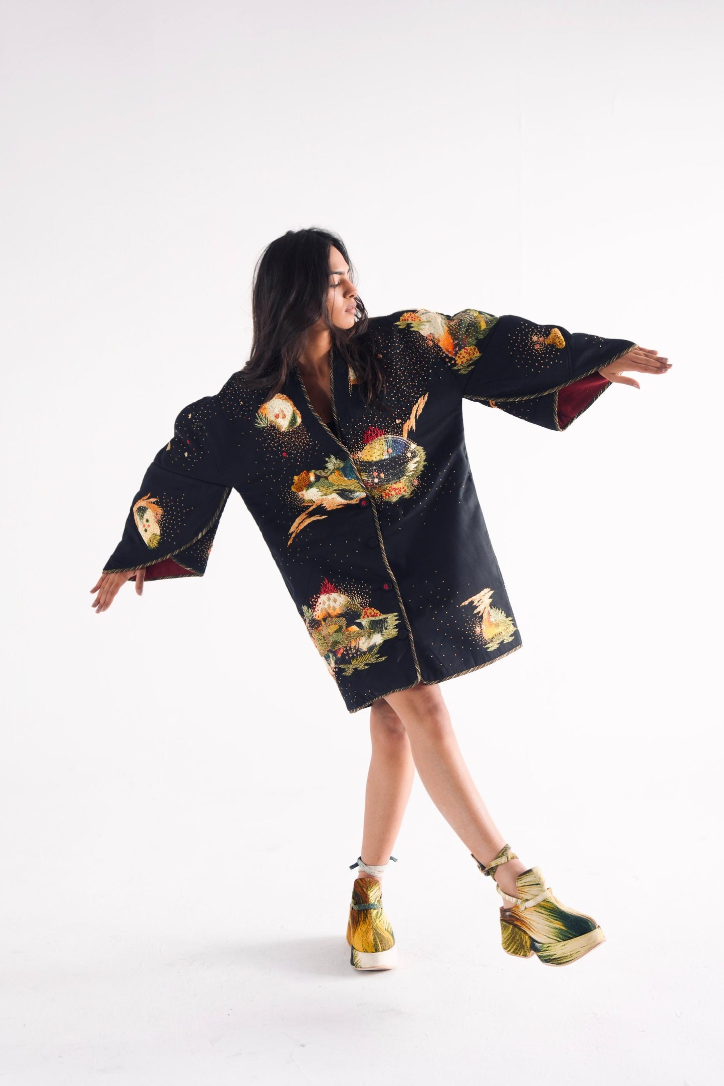 Soot Black Puffer Embroidered Jacket