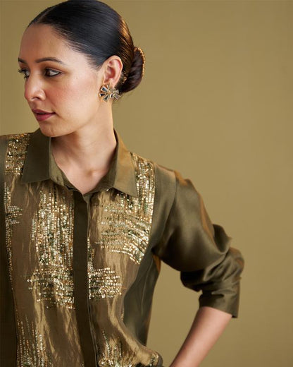 Olive Green Silk Chanderi Set