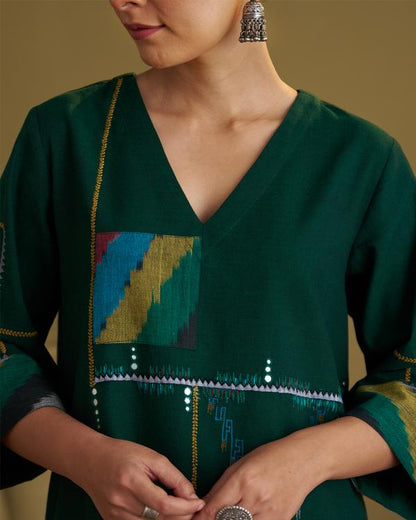 Panna Green Handwoven Cotton & Ikat Set with Handwork