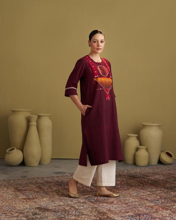 Burgundy Handwoven Cotton & Ikat Kurta with Handwork