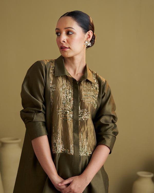 Olive Green Silk Chanderi Set