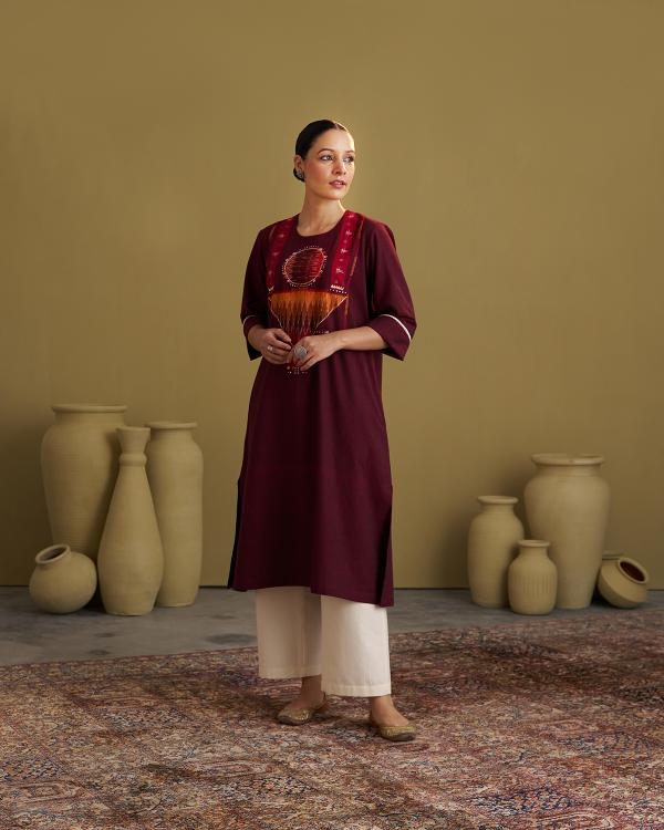 Burgundy Handwoven Cotton & Ikat Kurta with Handwork