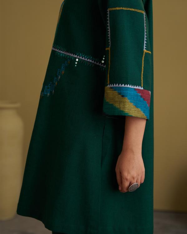 Panna Green Handwoven Cotton & Ikat Set with Handwork