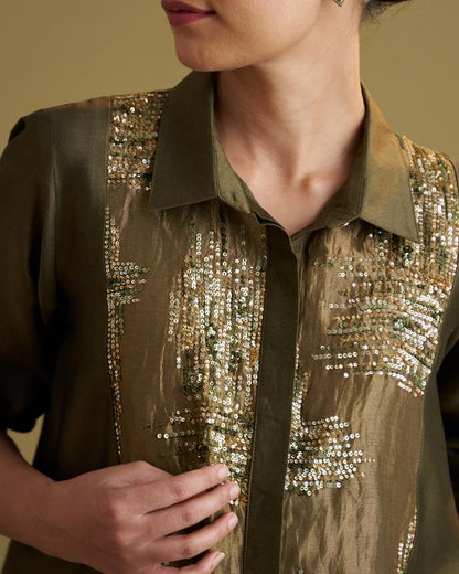 Olive Green Silk Chanderi Set