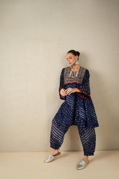 Afghani Bandhani Set (Navy Blue)