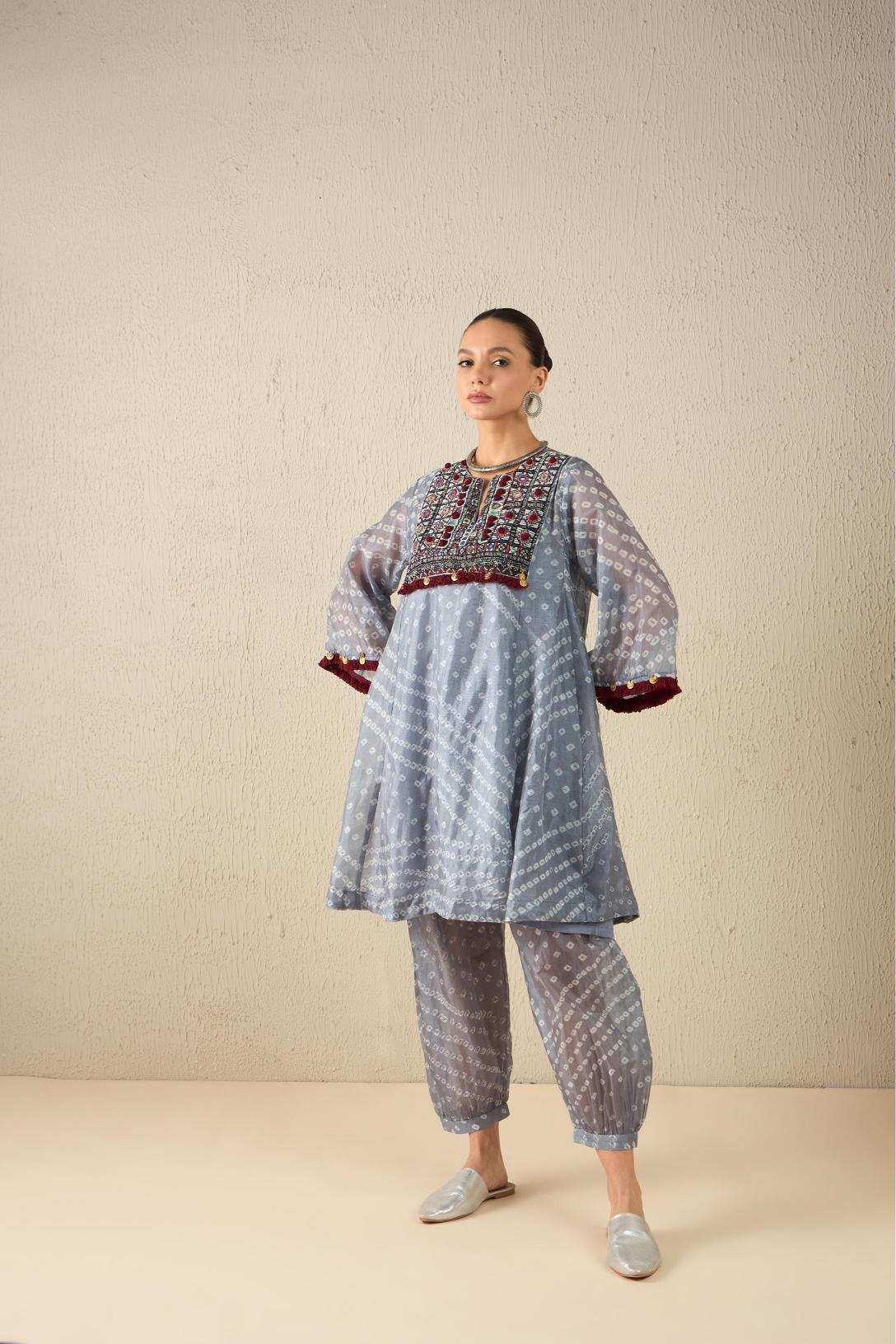 Afghani Bandhani Set (Light Grey)