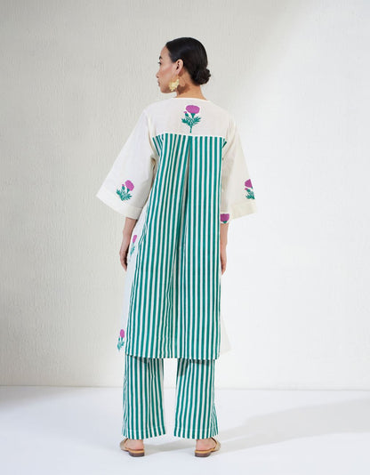 White Block Print Green Stripe Pants Tara Set