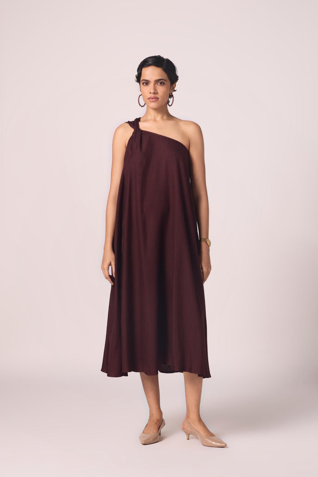 Izar Wine Silk One Shoulder Dress