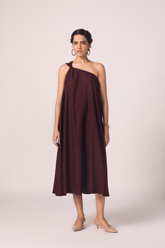 Izar Wine Silk One Shoulder Dress