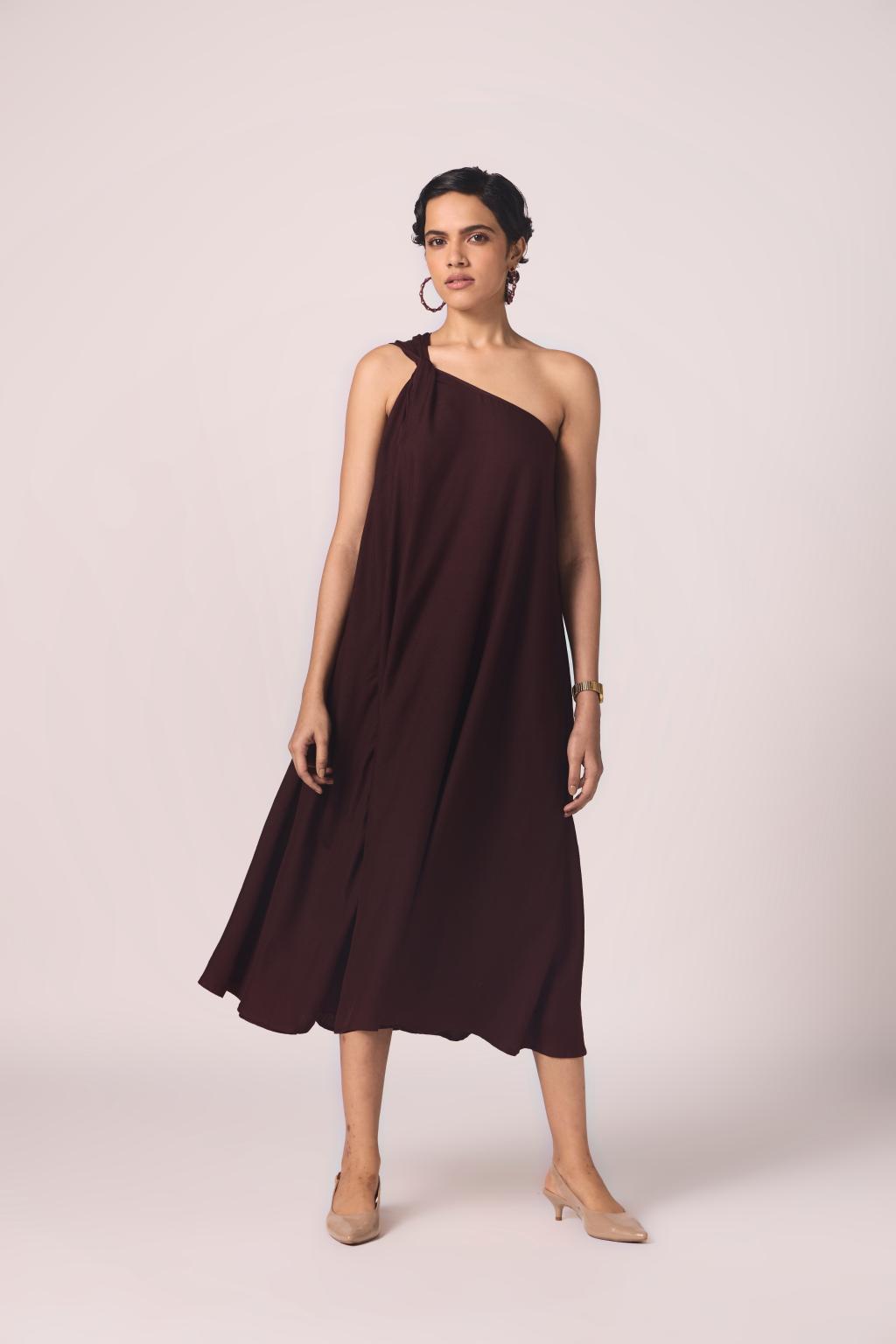 Izar Wine Silk One Shoulder Dress