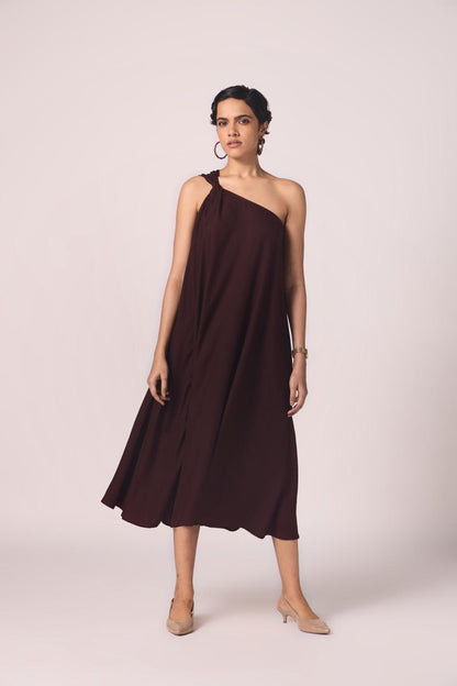 Izar Wine Silk One Shoulder Dress