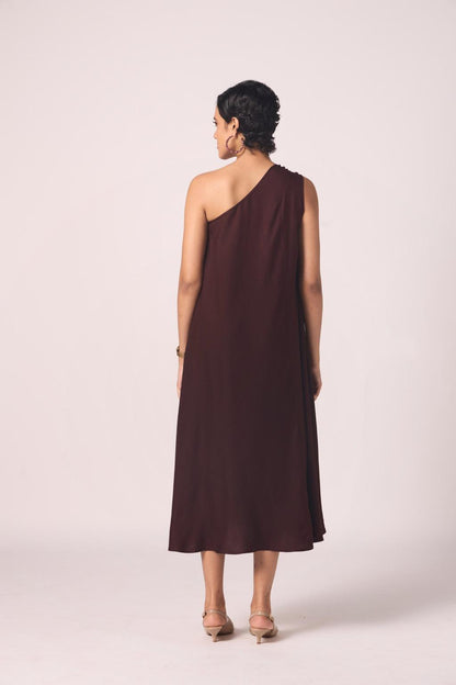 Izar Wine Silk One Shoulder Dress