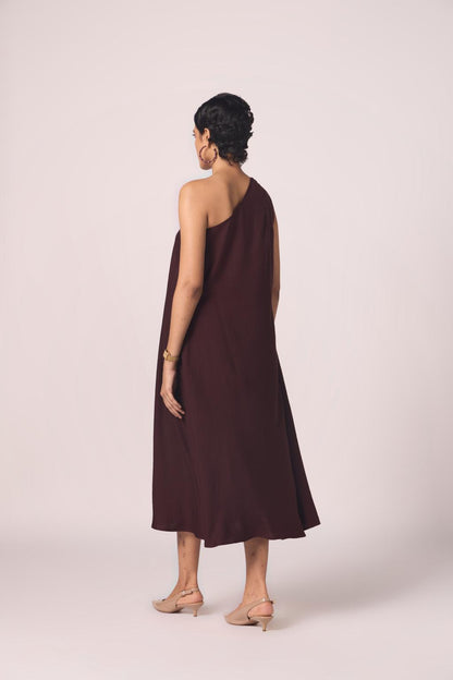 Izar Wine Silk One Shoulder Dress