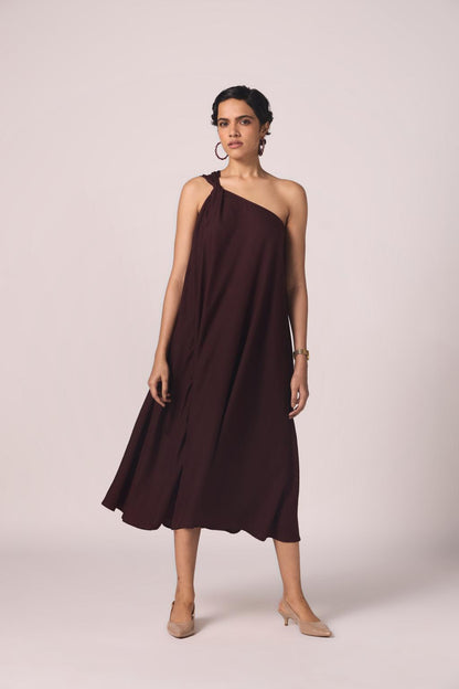 Izar Wine Silk One Shoulder Dress