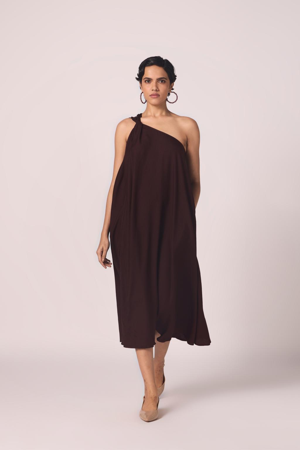 Izar Wine Silk One Shoulder Dress