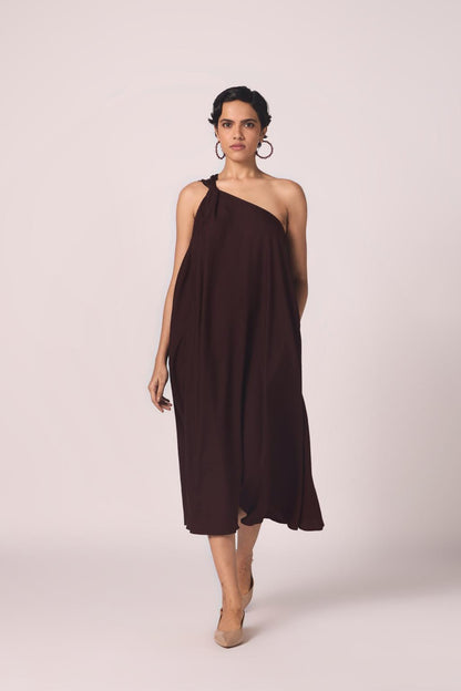 Izar Wine Silk One Shoulder Dress