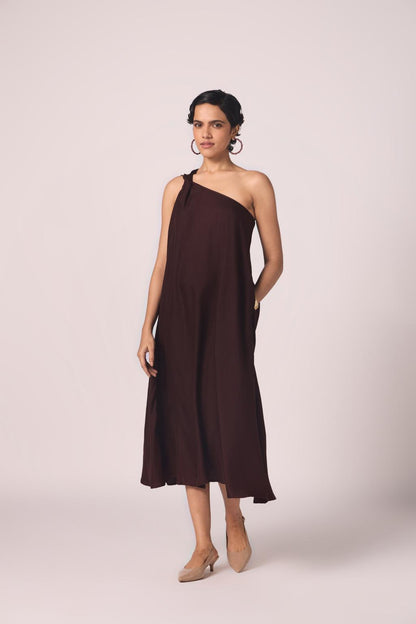 Izar Wine Silk One Shoulder Dress