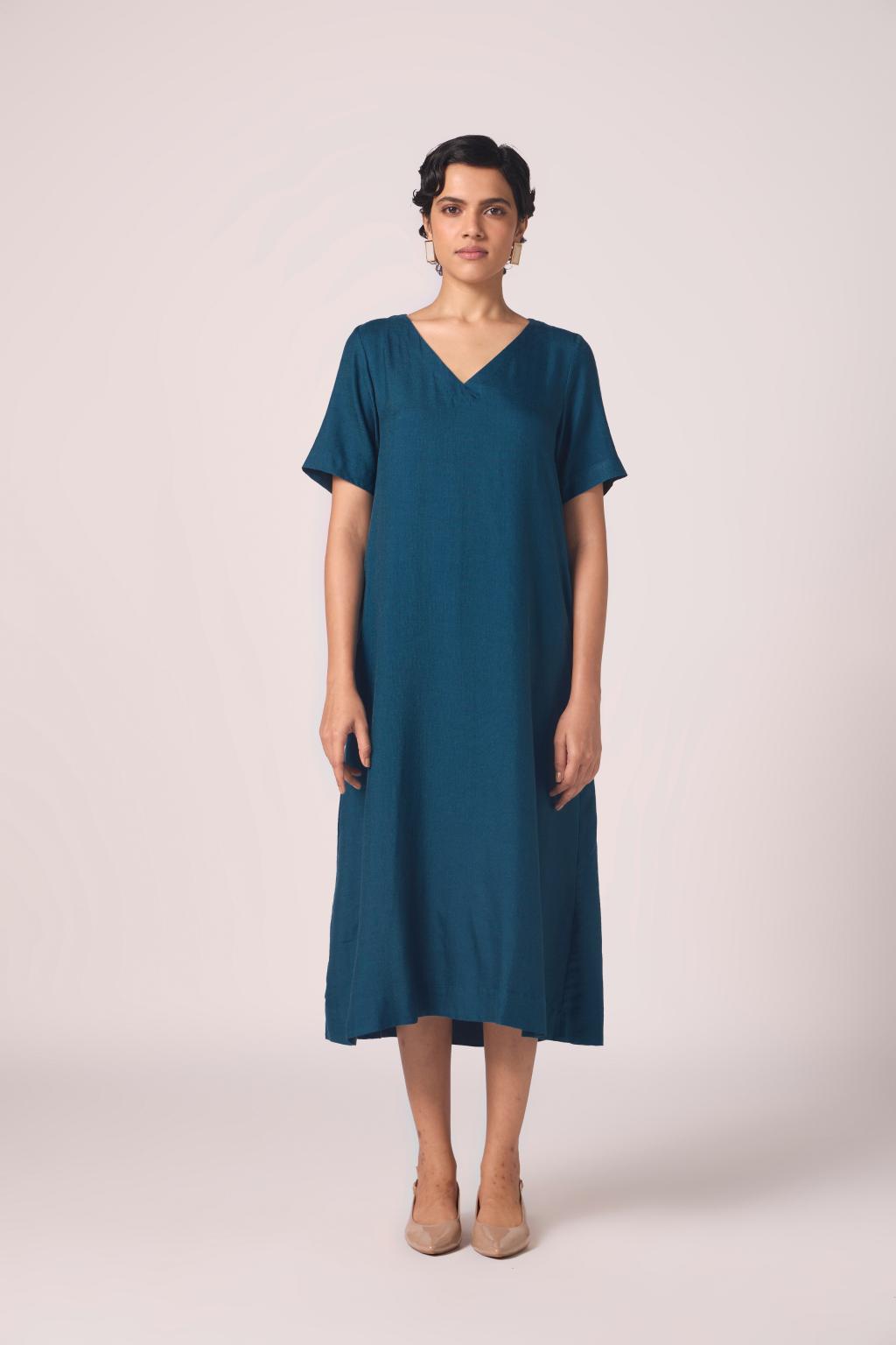 Vega Blue Silk Midi Dress