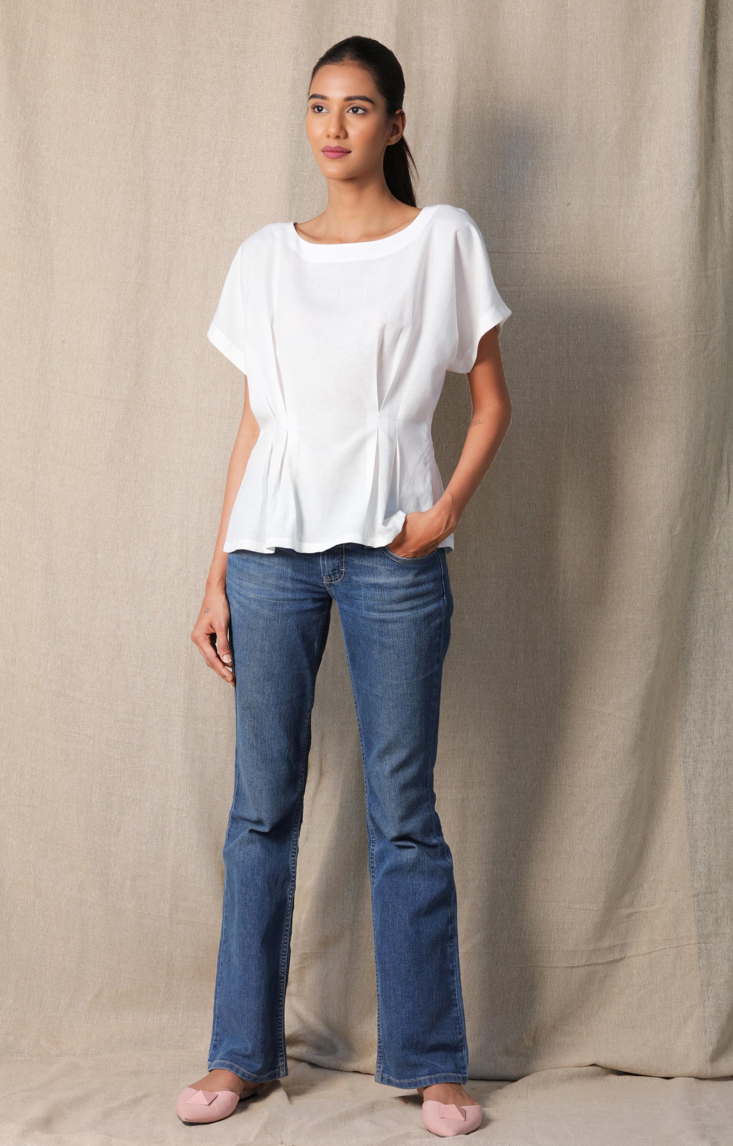 White Waist Pleat Top