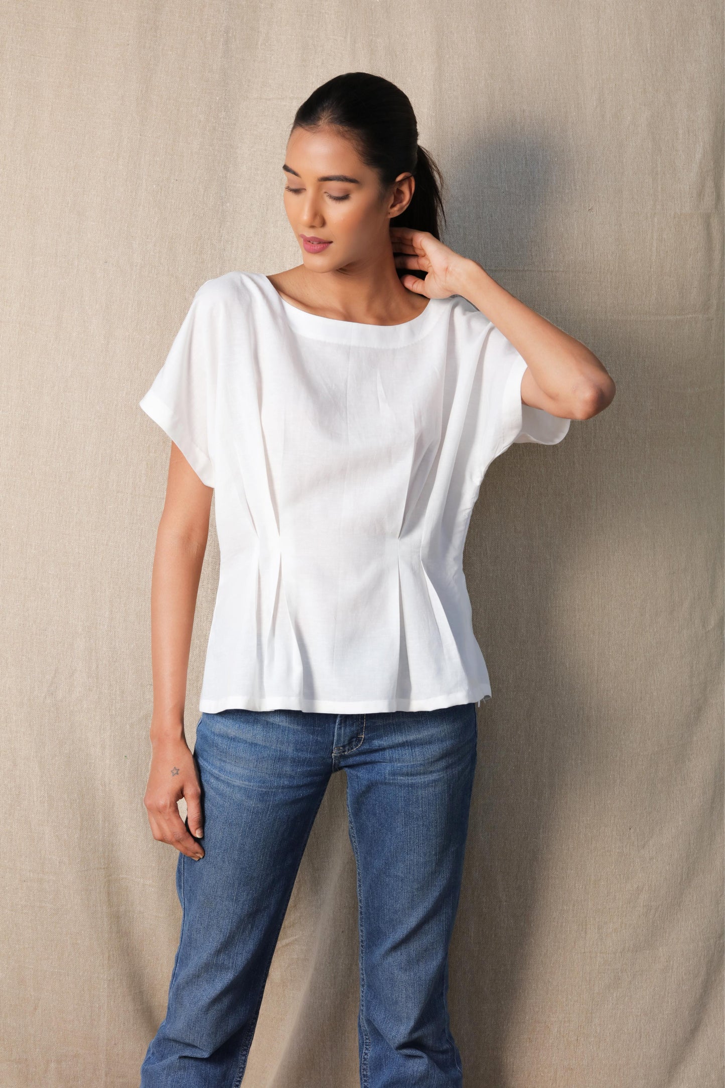 White Waist Pleat Top