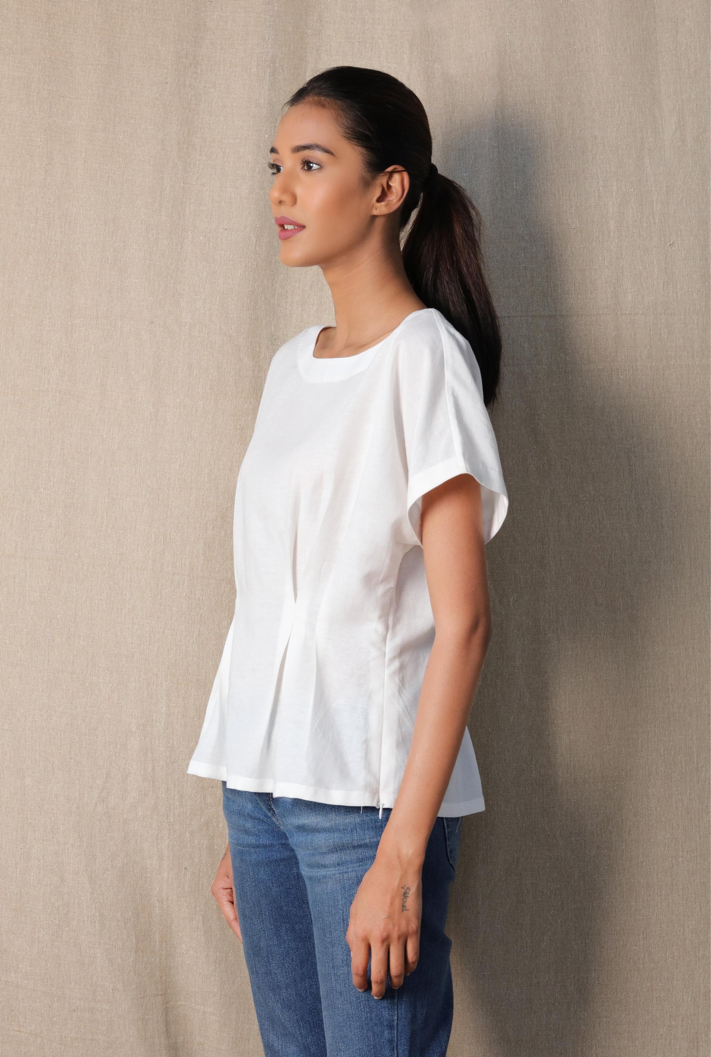 White Waist Pleat Top