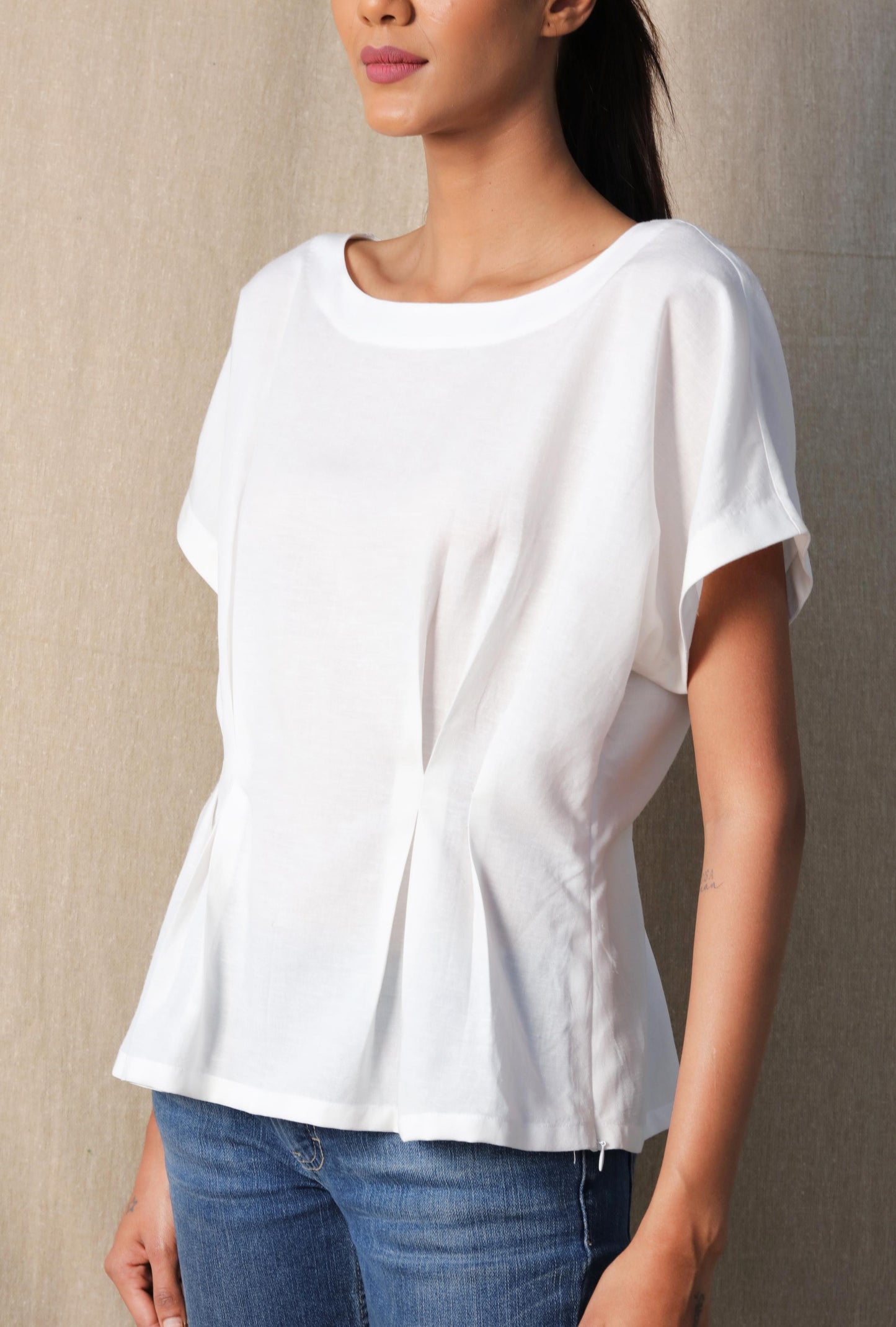 White Waist Pleat Top