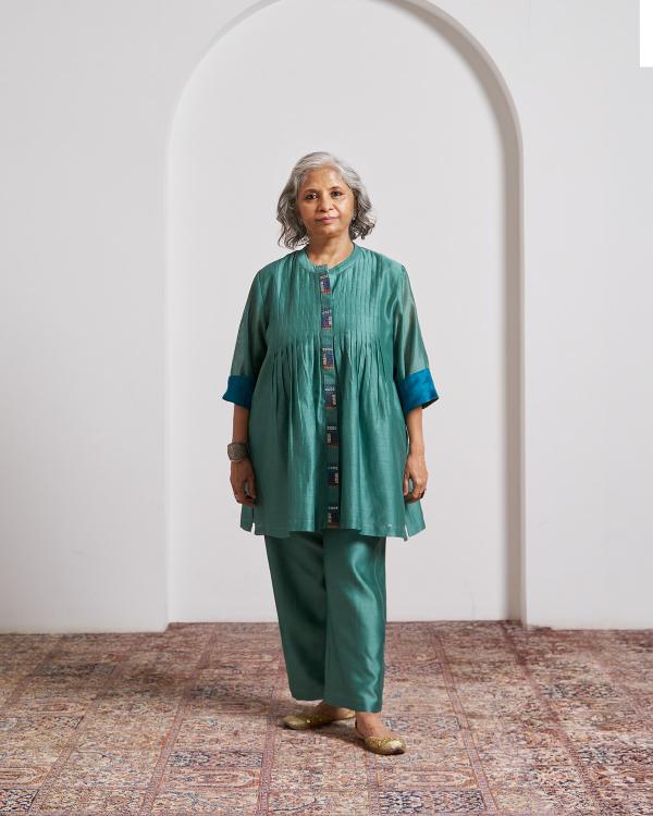 Teal Green Silk Chanderi Set with Handwork