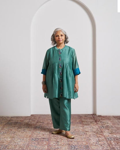 Teal Green Silk Chanderi Set with Handwork