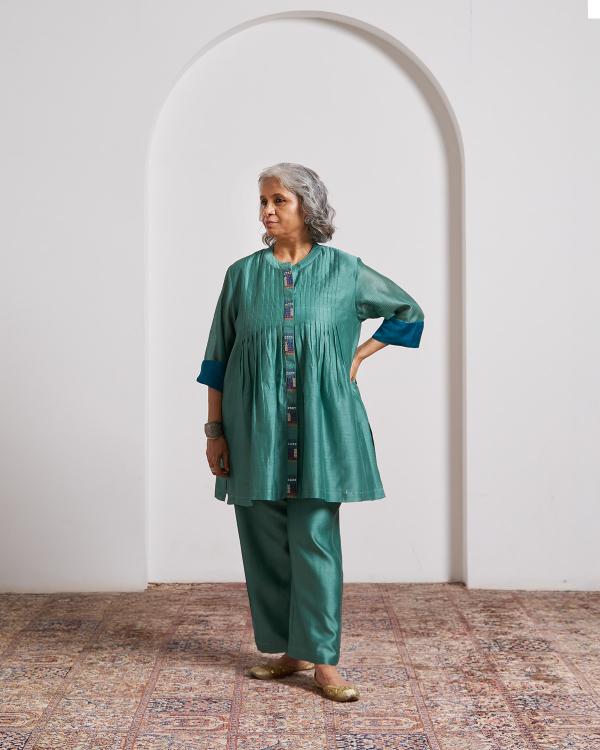 Teal Green Silk Chanderi Set with Handwork