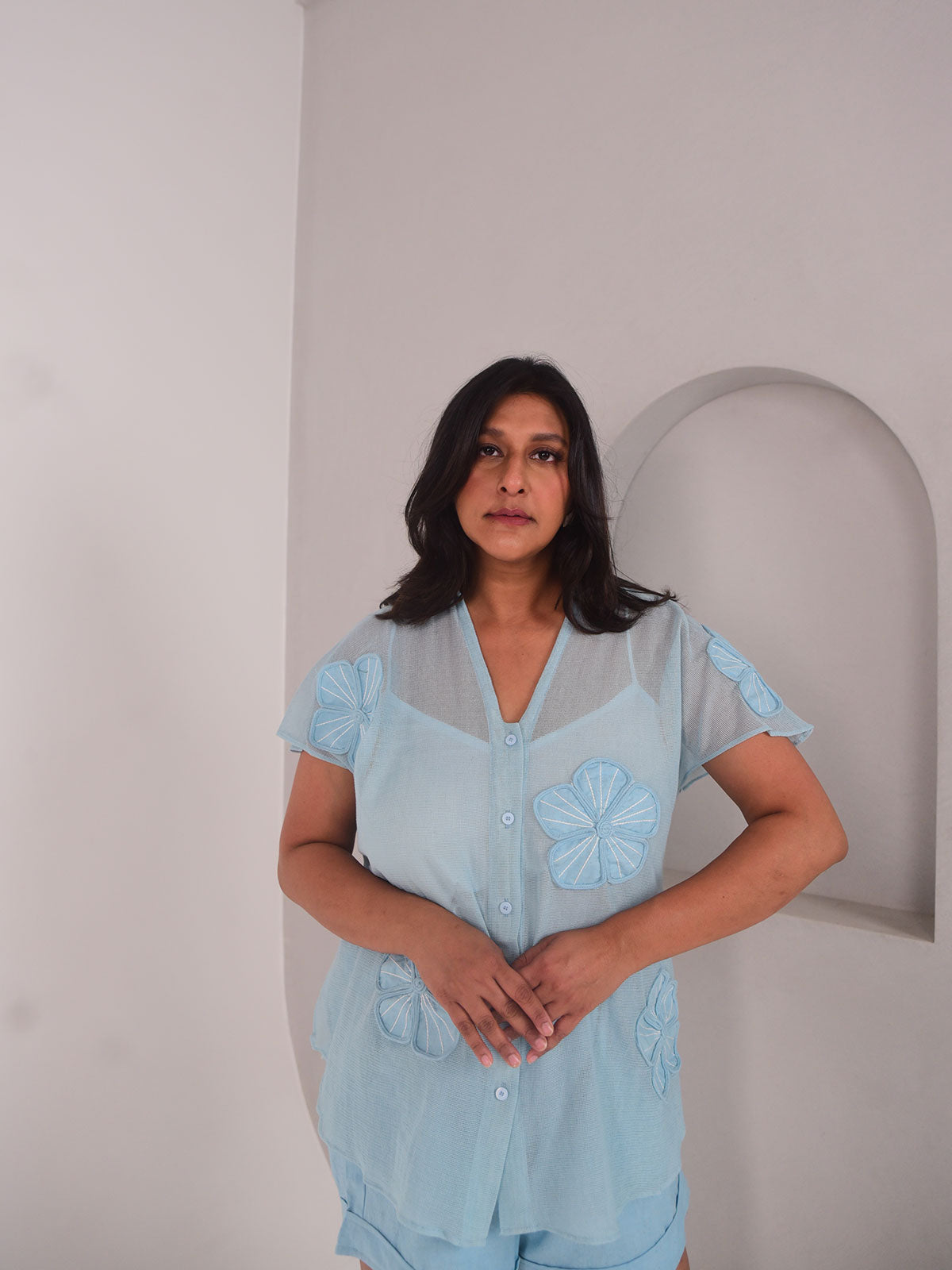 Aster Applique Cotton Net Shirt