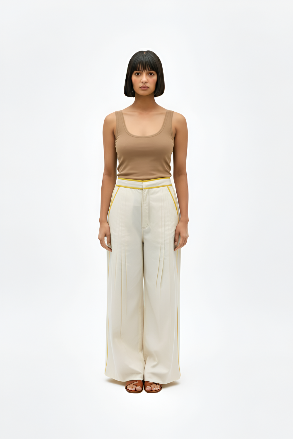Ivory-Mango Yellow Pintucks Pants