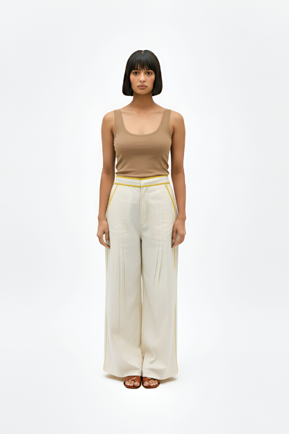 Ivory-Mango Yellow Pintucks Pants