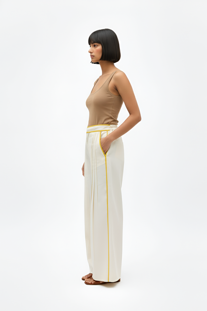 Ivory-Mango Yellow Pintucks Pants