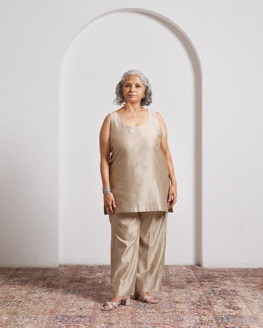 Beige Top and Pant Set with Slip