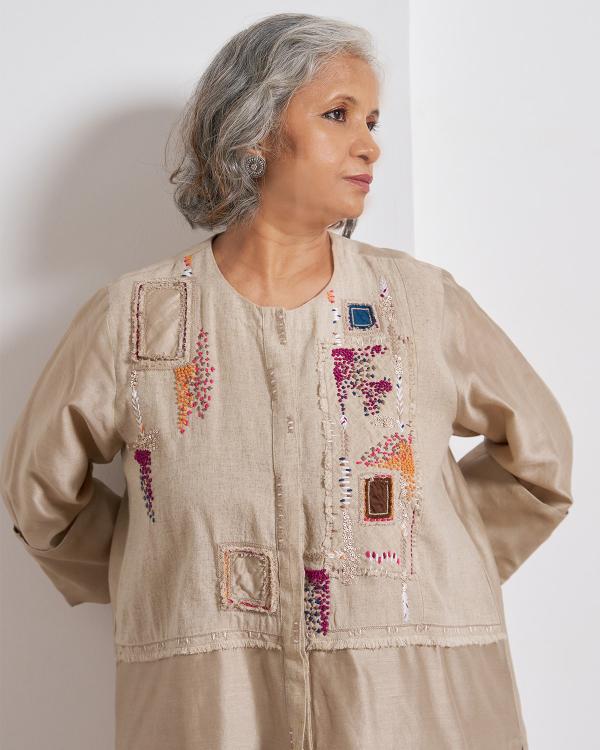 Beige Top and Pant Set with Slip