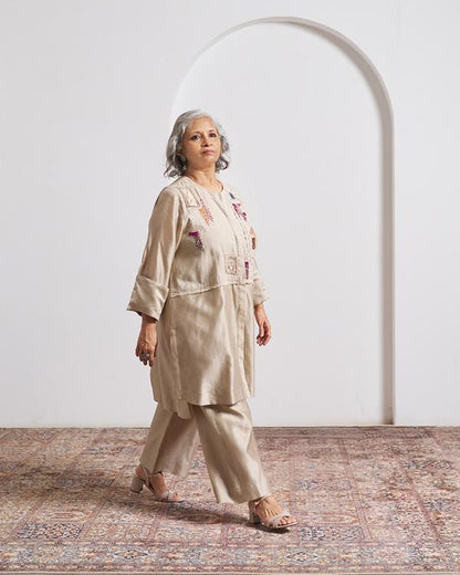 Beige Top and Pant Set with Slip