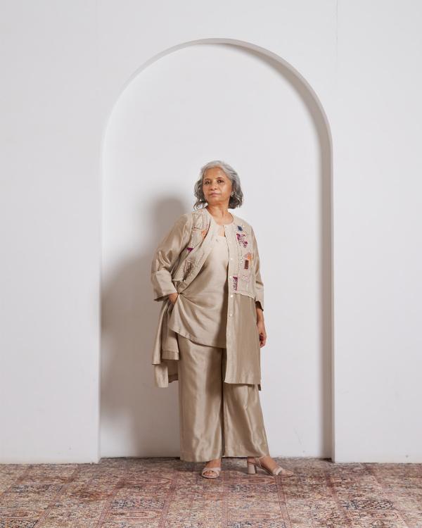 Beige Top and Pant Set with Slip