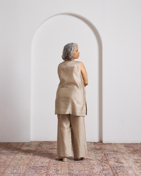 Beige Top and Pant Set with Slip