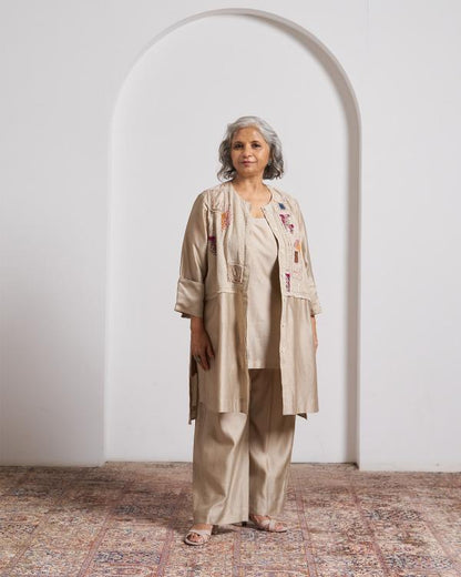 Beige Top and Pant Set with Slip