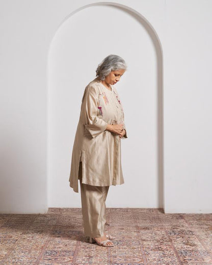 Beige Top and Pant Set with Slip