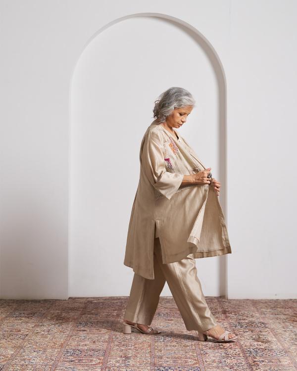 Beige Top and Pant Set with Slip